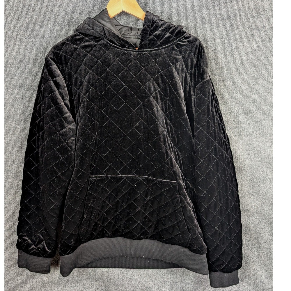Forever 21 Men Black Quilted Velvet Hoodie Pullover Sweatshirt Size L